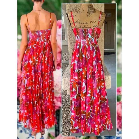 Petal & Pup Red Pink Orange Floral Pleated Maxi Dress - Picture 4 of 14